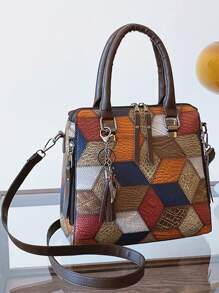 Patchwork Vintage Elegant Handbag For Women Daily Commute - Multicolor - View 3