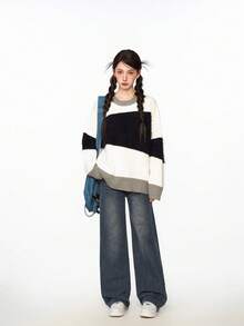 黑色蓬松拼布针织毛衣，女士休闲圆领长袖套头衫，宽松时尚可爱针织衫，适合秋冬季 - 黑與白 - 查看 4