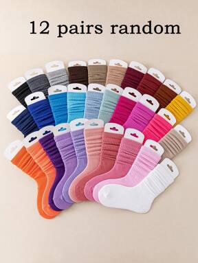 12 Pairs/Set Children's Casual Solid Color Socks, Girls' Candy-Colored Cute Pink Sweet Princess Style Socks, Versatile Four-Season Children's Socks,Random Colors