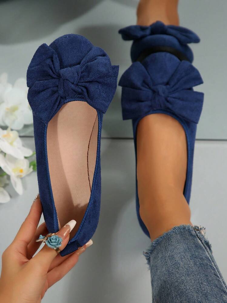 别致蝴蝶结女士经典圆头平底鞋 - 浅口软底一脚蹬鞋，轻便舒适 - 时尚蝴蝶结设计展现优雅 - 经典、时尚、优雅、百搭的情人节 - 藍色 - 查看 4