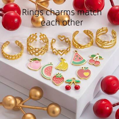 1pc Fashionable Fruit Charm Open Ring, 18K Gold Plated Stainless Steel, Decorative Jewelry Suitable For Women To Wear On Holidays