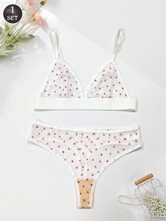 情人节主题女士心形印花无线丁字裤内衣套装