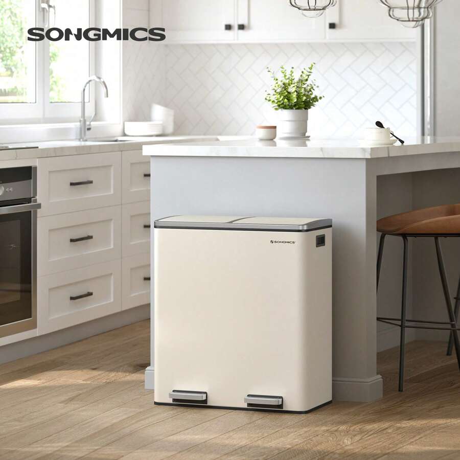 SONGMICS Double Compartment 2 X 30 L Rubbish Bin With 15 Bin Bags, Metal Foot Pedals, 2 Internal Plastic Buckets, Lids, Handles, Soft Close, Cream - Màu be - Xem 1