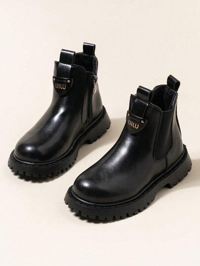 Mädchen schwarze PU Leder Reißverschluss Flache Stiefel mit Fellinnenfutter, einfache Lässig Knöchel Stiefel für Kinder, geeignet für den Winter