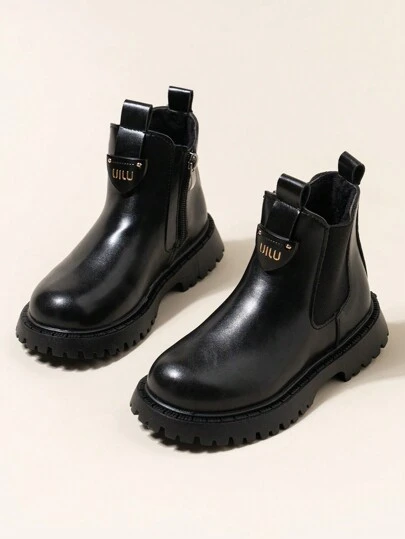 女童黑色 PU 皮革拉链平底靴，带毛皮衬里，儿童简约休闲踝靴，适合冬季