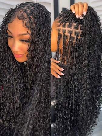 Box Braid Wig Curly Synthetic Full Lace Front Wig Women Goddess Braids Wig Burgundy Bohemian Box Braid Wig