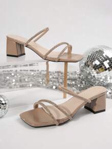 Fairy Style Square Toe Chunky Heel Sandals For Women, Summer Outdoor Wear, Fashionable Versatile Chunky Heel With Multiple Straps, French Rhinestone Decor, Suitable For Dating, Shopping, Party, Gathering, Banquet, Commuting, Business - Apricot - View 4