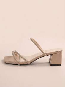 Fairy Style Square Toe Chunky Heel Sandals For Women, Summer Outdoor Wear, Fashionable Versatile Chunky Heel With Multiple Straps, French Rhinestone Decor, Suitable For Dating, Shopping, Party, Gathering, Banquet, Commuting, Business - Apricot - View 3