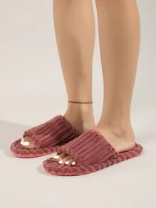 女士厚底羊毛拖鞋，露趾室内/室外保暖毛绒拖鞋，内里填充泡沫，适合秋冬季节，毛绒鞋，蓬松拖鞋 - 玫瑰紅 - 查看 2