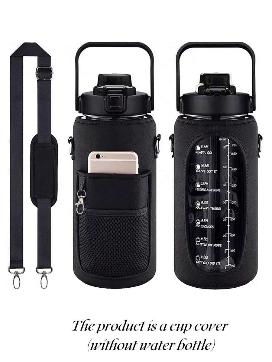 1pc 2000 ML Portable Water Bottle Cover Without Water Bottle, Simple Black Water Bottle Cover With Lanyard For Outdoor - Black - View 1