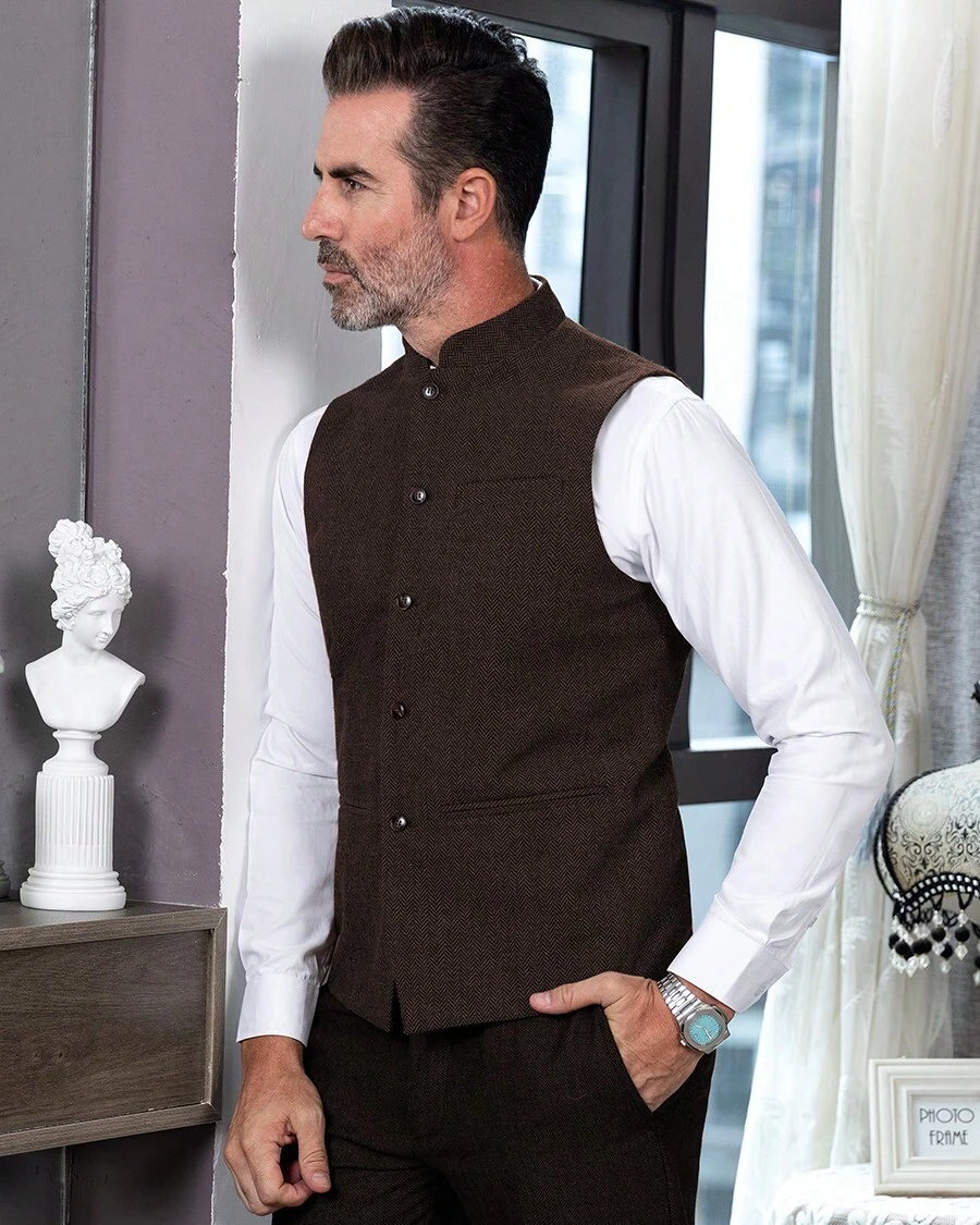 Men's High Collar Vests Traditional Vest Mens Herringbone Wool Suit Vests Business Tweed Waistcoats Jacket - 咖啡 - 查看 1