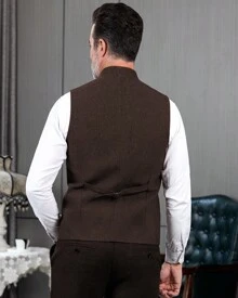 Men's High Collar Vests Traditional Vest Mens Herringbone Wool Suit Vests Business Tweed Waistcoats Jacket - 咖啡 - 查看 2