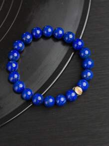 [VE] 1pc High Quality Silver Natural Blue Agate Bracelet, With Deep Solid Color And Sparkling Gold Flakes, Symbolizing Nobility And Wisdom. Each Bead Is Carefully Selected With Smooth Touch, Wearing It Demonstrates Extraordinary Taste And Good Fortune. Natural Gemstone Color Is Random.