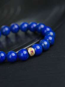 [VE] 1pc High Quality Silver Natural Blue Agate Bracelet, With Deep Solid Color And Sparkling Gold Flakes, Symbolizing Nobility And Wisdom. Each Bead Is Carefully Selected With Smooth Touch, Wearing It Demonstrates Extraordinary Taste And Good Fortune. Natural Gemstone Color Is Random.
