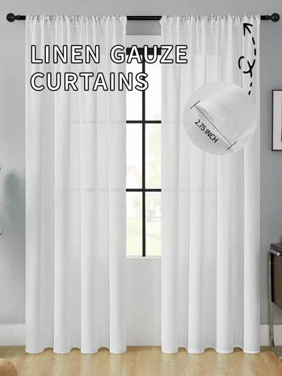 2pcs White Thickened Linen-Look Curtain Set With Buckle Top, Lightweight Solid Sheer Curtain Panels, Suitable For Bedroom, Living Room, Dining Room, Office, Home Decor