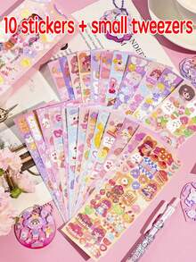 高颜值贴纸不重复套装贴纸装饰小图案，混合贴纸套装包内含20.30.40.50.100张可爱卡通贴纸，防水镭射材质，自带切割线，无需裁剪（贴纸样式随机）赠送1个小镊子，超级好玩，3岁及以上儿童随意DIY，（可DIY水杯/笔筒/手账本/星空膜） - 彩色 - 查看 19