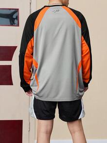 veidoorn 1 Áo thun thể thao dài tay in chữ màu tương phản thả vai, phong cách bạn trai cho nam, áo tập luyện cổ tròn thoải mái thoáng khí thường ngày cho nam - Xám - Xem 2