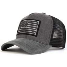 1pc Boné de beisebol masculino com bordado da bandeira dos EUA, chapéu de caminhoneiro lavado para áreas externas, boné de malha casual com proteção solar ajustável para primavera, viagens de outono, férias na praia