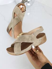 Damen Vintage Farbverlauf modische Klettverschluss Kreuz-Sandalen mit Keilabsatz, bequeme und atmungsaktive Plateau High Heel Schuhe - Khaki - Übersicht 2
