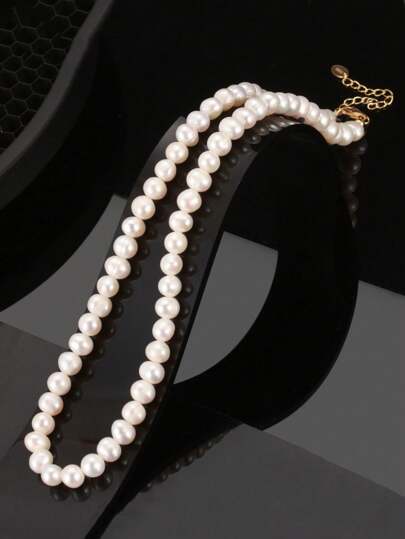 ORSA JEWELS 925 Sterling Silver Chain Round Shape 5-7mm White Freshwater Faux Pearl Necklace 16+2inches Handmade Bead Chain Real Pearl Choker Necklace For Women Jewelry Adjustable For Mom Friend Party Jewelry