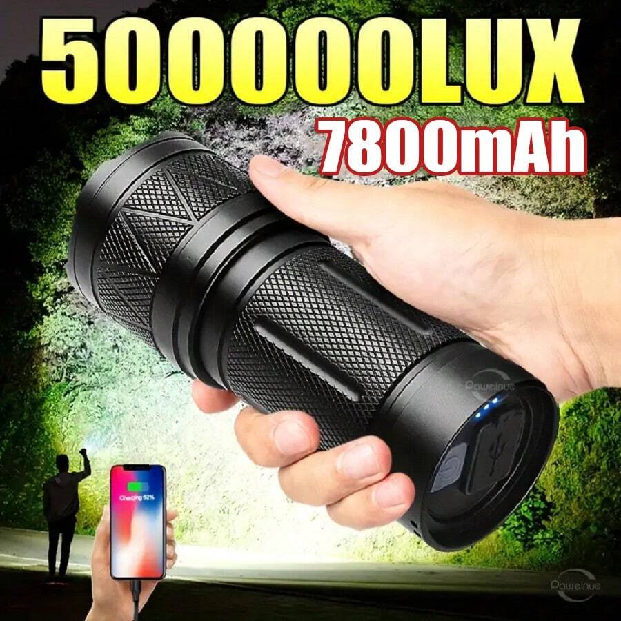 Linterna LED de mano Paweinuo Ultra Brillante de 50000 LUX, con batería recargable de litio incorporada, no impermeable, zoom, alimentada con batería con múltiples componentes