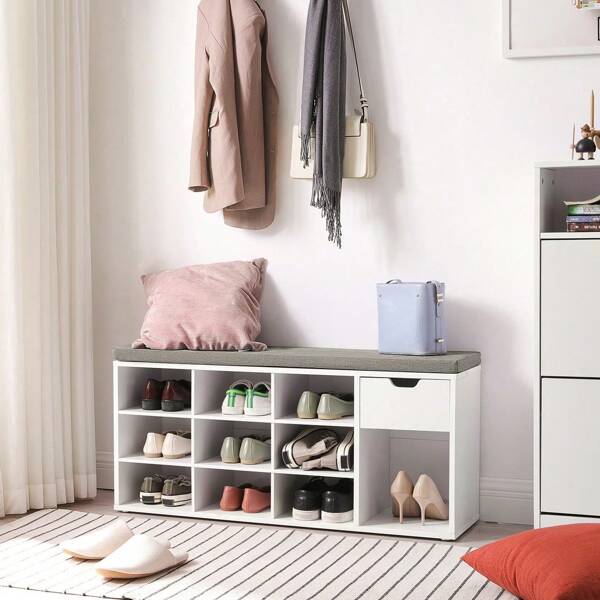VASAGLE Shoe Storage Bench, Hallway Bench With Cushion, Drawer And Open Compartments, Shoe Bench With Seat, For Living Room, Bedroom, Closet, White And Grey