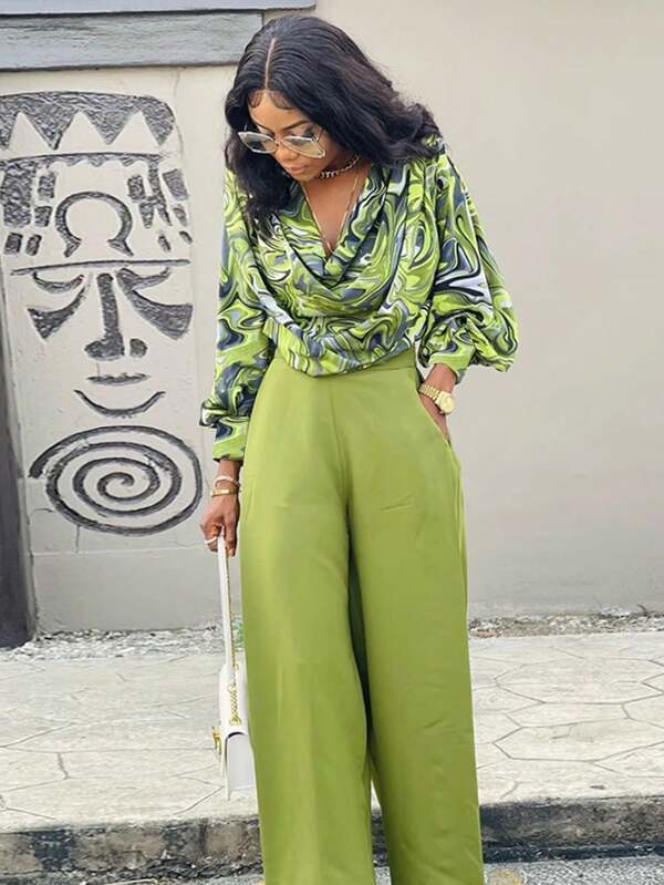 2 peças/conjunto blusa solta estampada manga comprida e calças largas de cintura alta terno casual