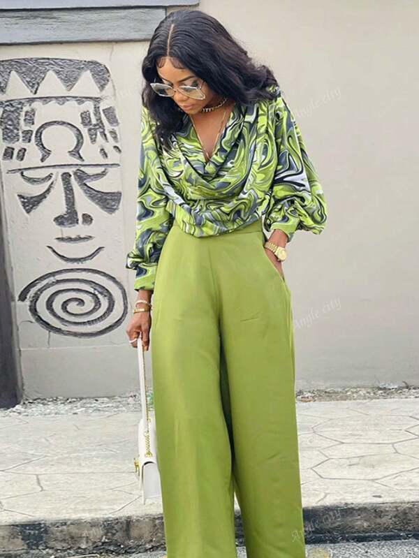 2pcs/Set Loose Printed Long Sleeve Blouse And High Waist Wide Leg Pants Casual Suit