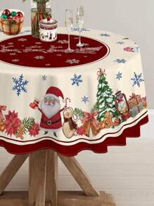 1pc Christmas Theme Decor Rectangle/Round Polyester Waterproof Tablecloth