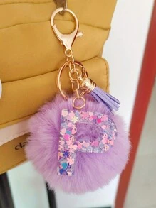 Initial Letter Keychain Pendant Resin Letter Keychain Wallet Backpack Accessory, Purple Fur Ball And Letters, Is The Best Gift For Family And Loved Ones, Letters A-Z Are Available For Selection, Fashionable Items, Alphabet Pendant For Bags - Purple - View 23