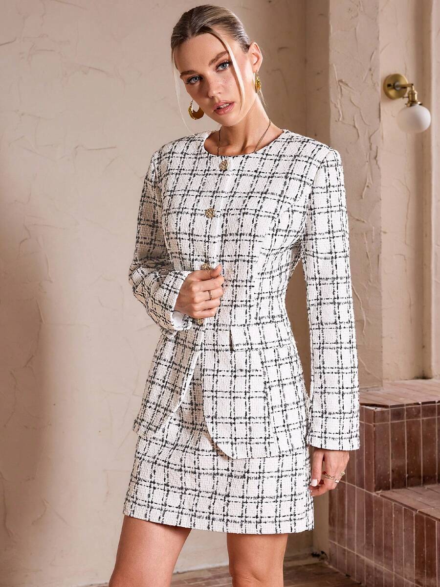 Simplee 女士复古优雅黑白格子粗花呢长袖上衣和迷你裙套装，派对装 - 黑與白 - 查看 1