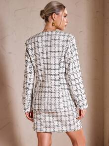 Simplee 女士复古优雅黑白格子粗花呢长袖上衣和迷你裙套装，派对装 - 黑與白 - 查看 2