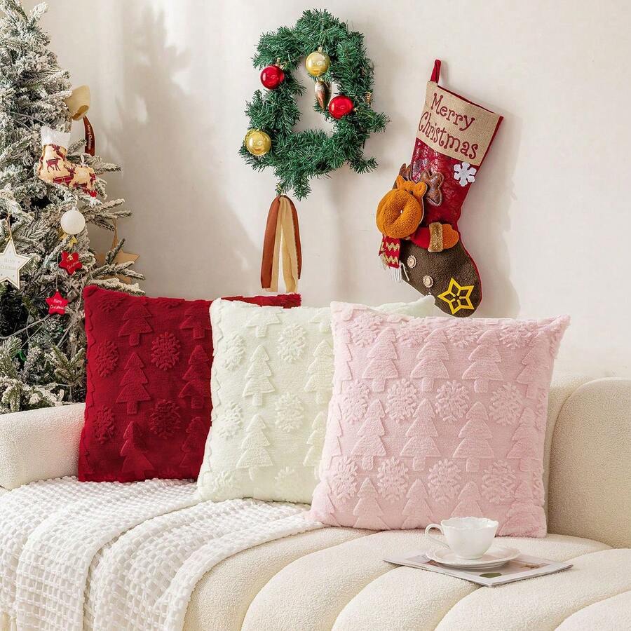 1 Vỏ gối màu hồng hình cây thông tuyết Giáng sinh bằng vải nhung, Vỏ gối trang trí không khí Giáng sinh có khóa kéo, Không có ruột gối, Giáng sinh - Hồng - Xem 1