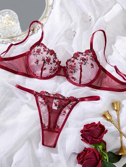 Women Geborduurde Mesh See Through Underwire Verleidelijke Lingerie Set Rave