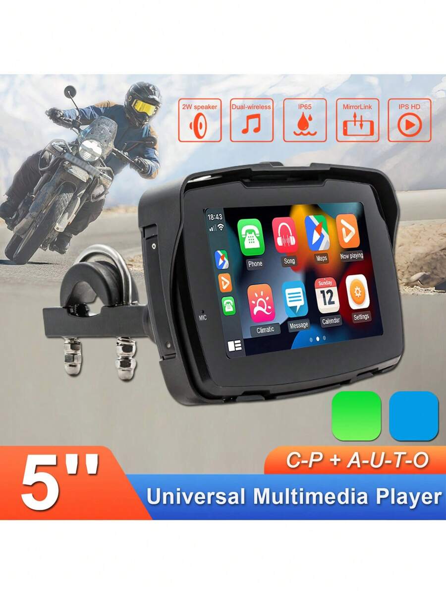 5 英寸摩托车收音机播放器、无线 Apple CarPlay 和 Android Auto、便携式摩托车 GPS 导航监视器、防水、IPS 高清触摸屏、Type-C、USB、双免提通话、支持汽车 DVR - 黑色 - 查看 1