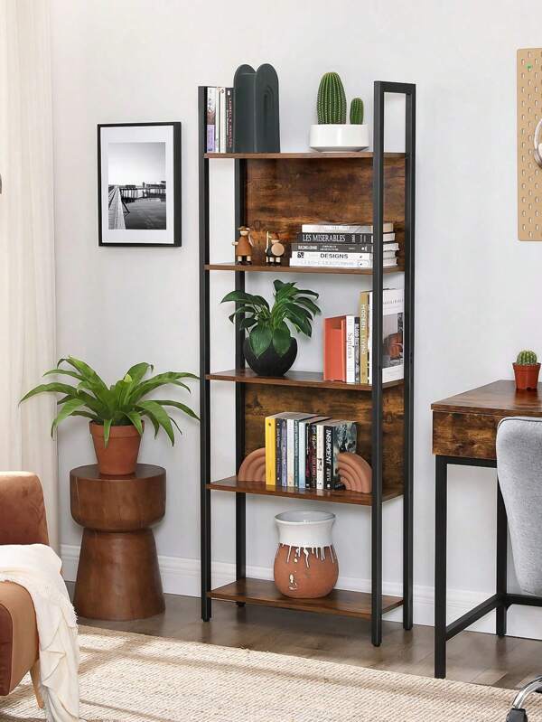 VASAGLE Bookcase, Storage Shelf, Kitchen Shelf, 5 Tiers, Stable Steel Frame, For Office, Entrance, Living Room, Industrial Style, Rustic Brown And Black