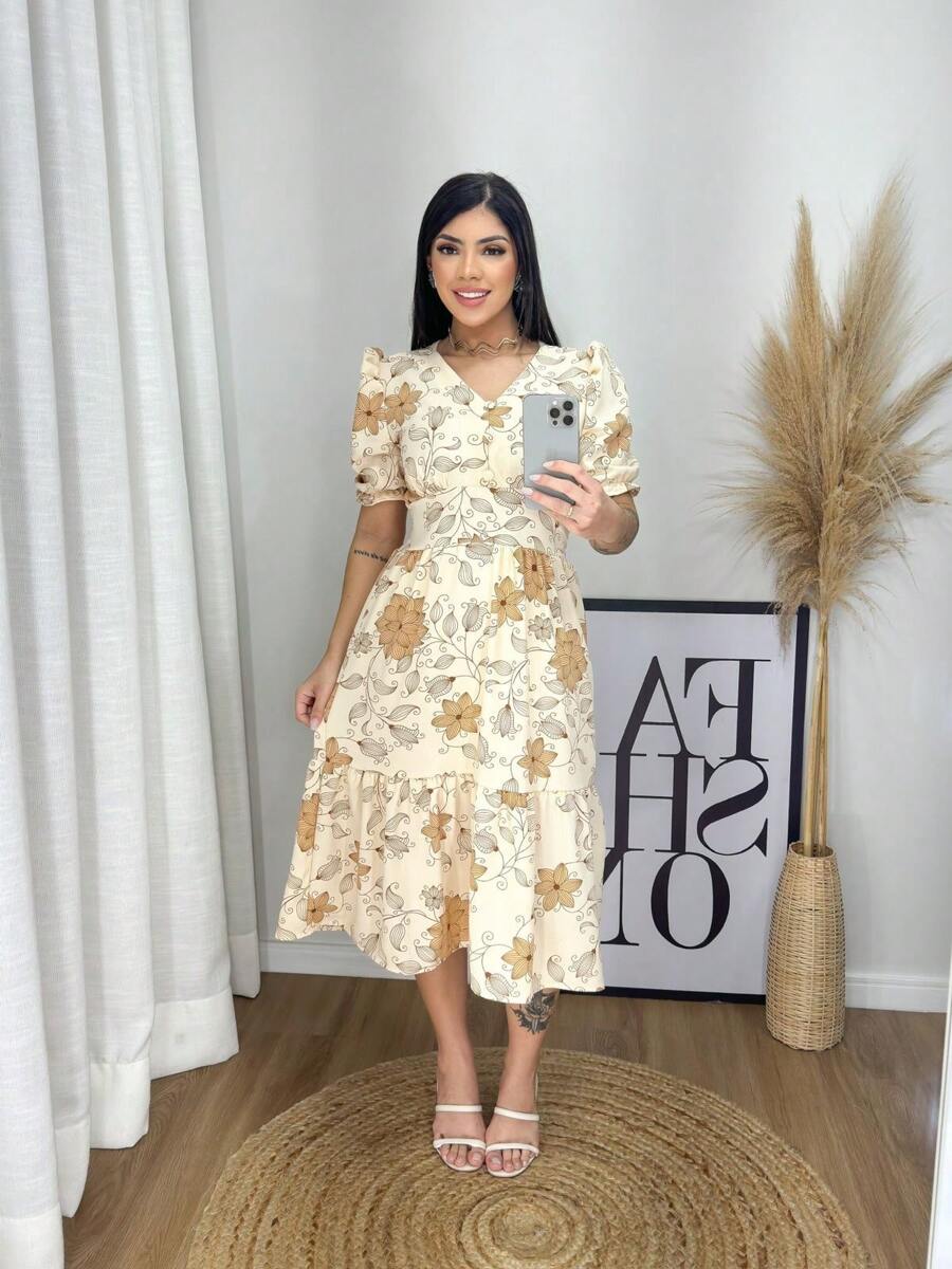 Floral Midi Dress. Women's Printed Midi Dress. - Màu be - Xem 1