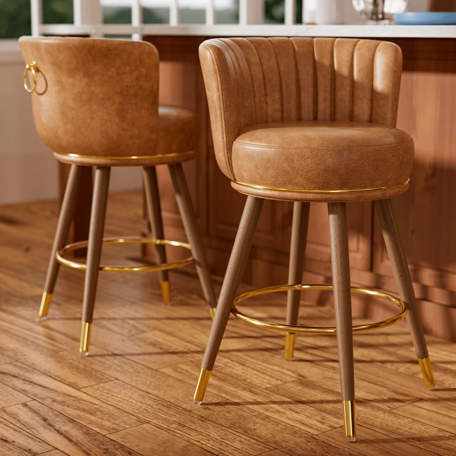 26" Counter Height Bar Stools Set Of 2, Swivel Upholstered Barstools With Backs, PU Leather Kitchen Stools With Wood Legs And Footrest, Bar Chairs For Kitchen Island, Living Room - Brown - View 1