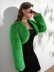 RELISH NOLESS Women Casual Fluffy Short Jacket, Simple Design - Green - View 5
