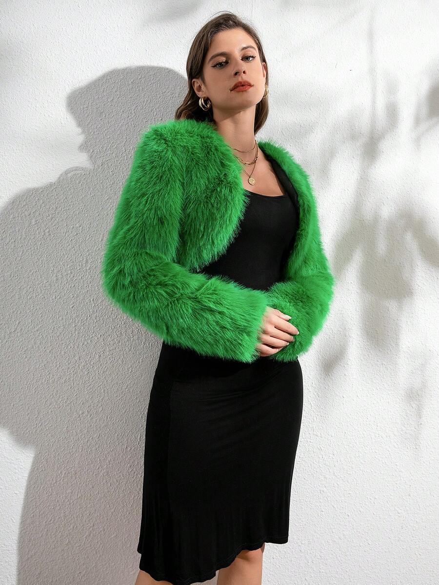 RELISH NOLESS Women Casual Fluffy Short Jacket, Simple Design - Green - View 1