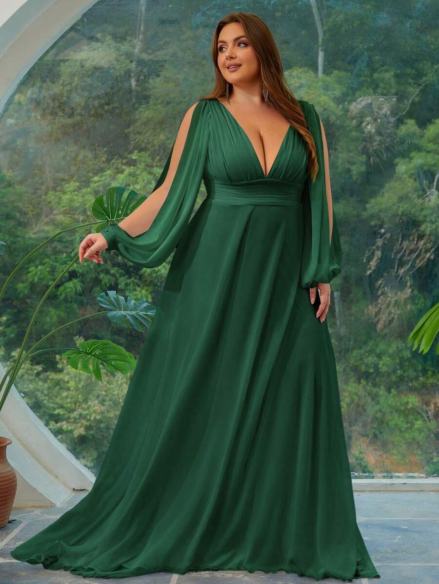 大码纯色 V 领腰部长下摆正式晚礼服 - 綠色 - 查看 1