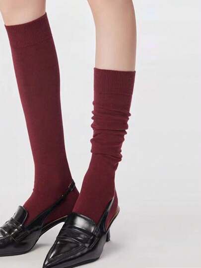 1 Pair Women Red Calf Length Socks, Autumn/Winter