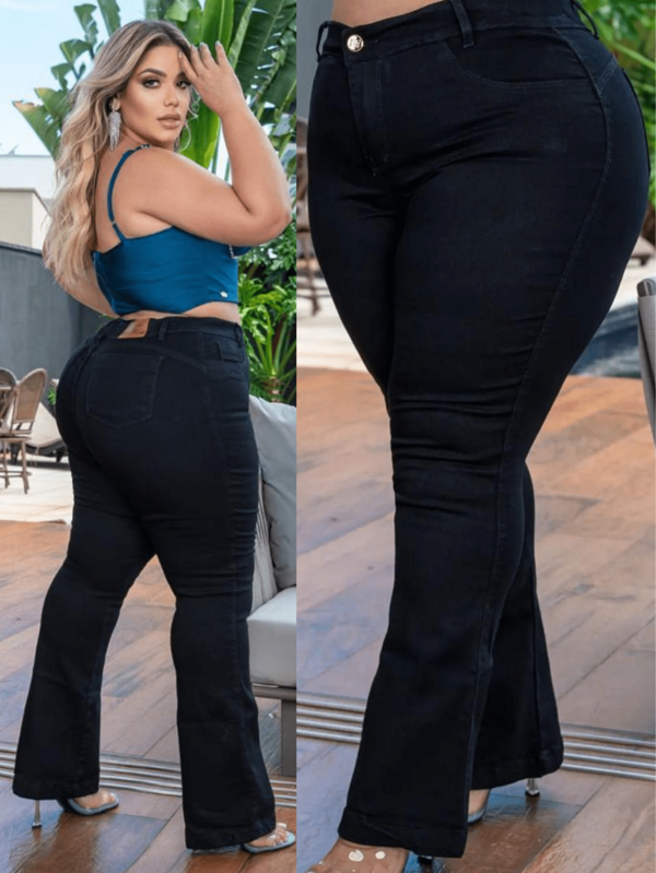 Calça Jeans Feminina Plus Size Flare Preta Elastano Premium Alta