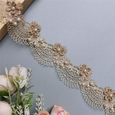Pearl Lace Edging Trim Ribbon 4.5cm Width Vintage Trimmings Fabric Flower Embroidered Applique DIY Sewing Wedding Bridal Dress Party Clothes Embroidery Gift Cake Craft