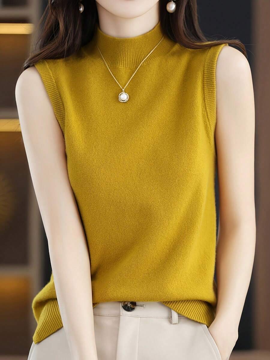 New Women's Knitted Undershirt Female Spring And Summer Slim Ladies Short Solid Color Versatile Half-High Neck Bottoming Sleeveless Tops - 黃色 - 查看 1