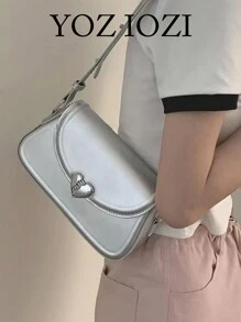 极简设计经典纯色时尚迷你方形包，高品质女士户外旅行购物通勤单肩包 - 銀色 - 查看 1