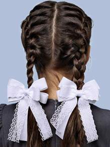 2个装女童白色蝴蝶结弹力发圈，甜美蕾丝多层蝴蝶结发带，返校季 - 白色 - 查看 1