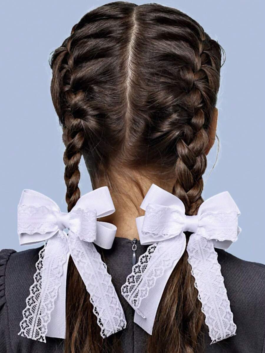 2个装女童白色蝴蝶结弹力发圈，甜美蕾丝多层蝴蝶结发带，返校季 - 白色 - 查看 1