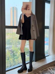 Ghete de călărie înalte, negre, mărimea 43, pentru femei, talpă groasă, curea cu cataramă, cizme peste genunchi, croială slim, toamnă/iarnă - Negru - Vizualizare 8