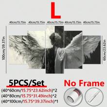 5 piezas/Juego de póster de lienzo enmarcado, pintura de alas de ángel en blanco y negro, arte de pared de lienzo, pintura de arte para regalo, dormitorio, oficina, sala de estar, cafetería, bar, decoración de pared, decoración del hogar y la residencia, pósters, arte de pared, artículos de decoración de habitación